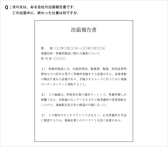 Q:次の文は、ある会社の出張報告書です。この出張中に、終わった仕事は何ですか。