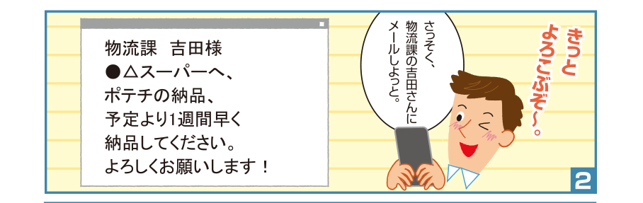 2:智和君:きっとよろこぶぞ～。さっそく、物流課の吉田さんにメールしよっと。物流課　吉田様●△スーパーへ、ポテチの納品、予定より1週間早く納品してください。よろしくお願いします！