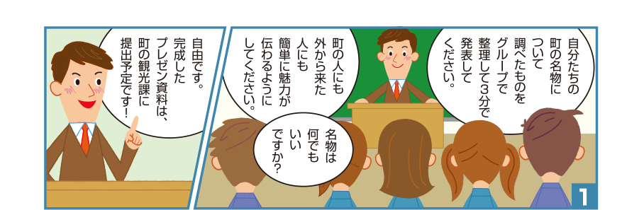 1:先生:自分たちの町の名物について調べたものをグループで整理して3分で発表してください。町の人にも外から来た人にも簡単に魅力が伝わるようにしてください。 生徒達:名物は何でもいいですか？ 先生:自由です。完成したプレゼン資料は、町の観光課に提出予定です！