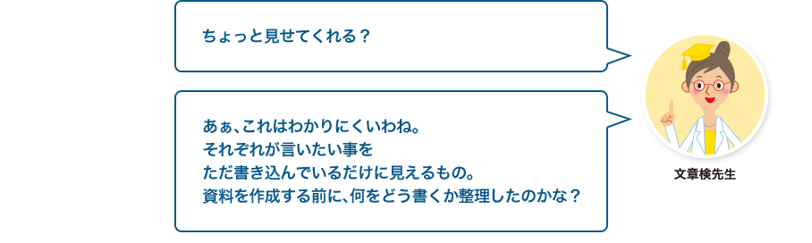 文章検先生:ちょっと見せてくれる？あぁ、これはわかりにくいわね。それぞれが言いたい事をただ書き込んでいるだけに見えるもの。資料を作成する前に、何をどう書くか整理したのかな？