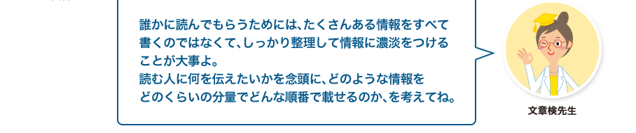 文章検先生:誰かに読んでもらうためには、たくさんある情報をすべて書くのではなくて、しっかり整理して情報に濃淡をつけることが大事よ。読む人に何を伝えたいかを念頭に、どのような情報をどのくらいの分量でどんな順番で載せるのか、を考えてね。