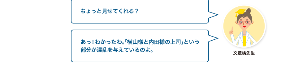 文章検先生:ちょっと見せてくれる？あっ！わかったわ。「横山様と内田様の上司」という部分が混乱を与えているのよ。