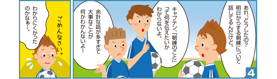 4:悠一さん:あれ、どうしたの？明日からする朝練について話してるんだけど。 キャプテン、「朝練のこと」って何を伝えたいかわからないよ。 余計な話が多すぎて大事なことが何かわかんないよ！ 悠一さん:ごめんなさい。わかりにくかったのかなぁ・・・。