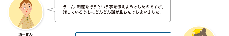 悠一さん:うーん、朝練を行うという事を伝えようとしたのですが、話しているうちにどんどん話が膨らんでしまいました。