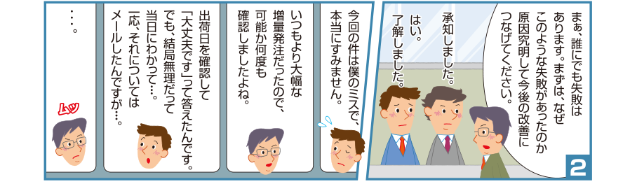 2:取引先社員:まぁ、誰にでも失敗はあります。まずは、なぜこのような失敗があったのか原因究明して今後の改善につなげてください。 井本課長:承知しました。 智和君:はい。了解しました。智和君:今回の件は僕のミスで、本当にすみません。 取引先社員:いつもより大幅な増量発注だったので、可能か何度も確認しましたよね。 智和君:出荷日を確認して「大丈夫です」って答えたんです。でも、結局無理だって当日にわかって・・・。一応、それについてはメールしたんですが・・・。 取引先社員:・・・。ムッ