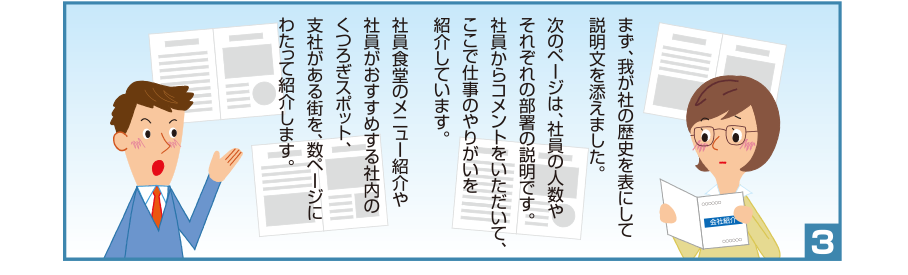 3:まず、我が社の歴史を表にして説明文を添えました。次のページは、社員の人数やそれぞれの部署の説明です。社員からコメントをいただいて、ここで仕事のやりがいを紹介しています。社員食堂のメニュー紹介や社員がおすすめする社内のくつろぎスポット、支社がある街を、数ページにわたって紹介します。