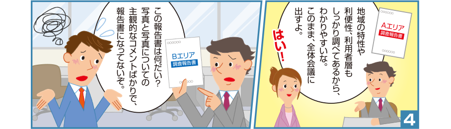 4:井本課長:地域の特性や利便性、利用者層もしっかり調べてあるから、わかりやすいな。このまま、全体会議に出すよ。 理恵先輩:はい！ 智和君:この報告書は何だい？写真と写真についての主観的なコメントばかりで、報告書になってないぞ。