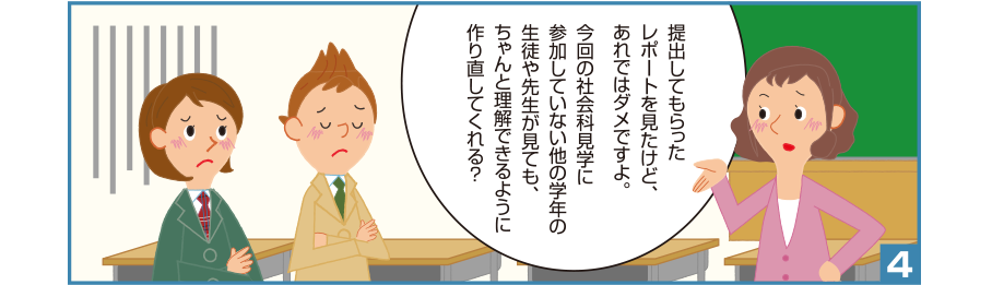 4:高橋先生:提出してもらったレポートを見たけど、あれではダメですよ。今回の社会科見学に参加していない他の学年の生徒や先生が見ても、ちゃんと理解できるように作り直してくれる？