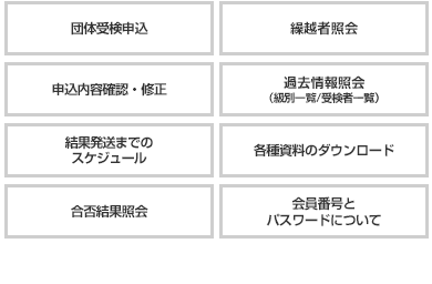 団体受検申込 申込内容確認・修正 結果発送までのスケジュール 合否結果照会 繰越者照会 過去情報照会（級別一覧/受検者一覧） 各種資料のダウンロード 会員番号とパスワードについて