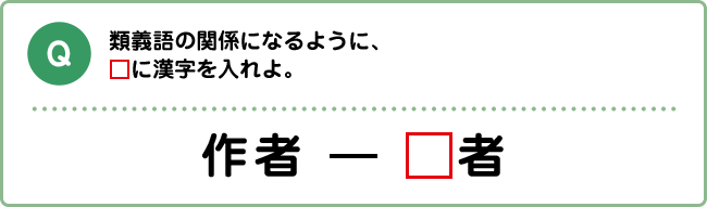 Q:類義語の関係になるように、□に漢字を入れよ。 作者 ― □者