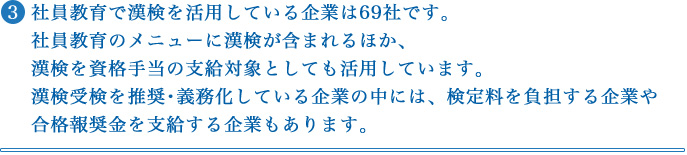 ③ 社員教育で漢検を活用している企業は69社です。社員教育のメニューに漢検が含まれるほか、漢検を資格手当の支給対象としても活用しています。漢検受検を推奨・義務化している企業の中には、検定料を負担する企業や合格報奨金を支給する企業もあります。