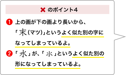 ×のポイント4 ①上の画が下の画より長いから、「末（マツ）」というよく似た別の字になってしまっているよ。②「水」が、「したみず」というよく似た別の形になってしまっているよ。