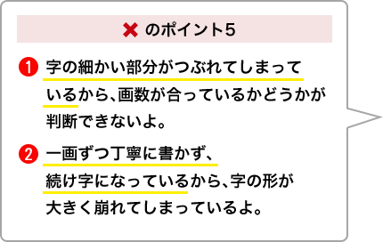 ×のポイント5 ①字の細かい部分がつぶれてしまっているから、画数が合っているかどうかが判断できないよ。②一画ずつ丁寧に書かず、続け字になっているから、字の形が大きく崩れてしまっているよ。