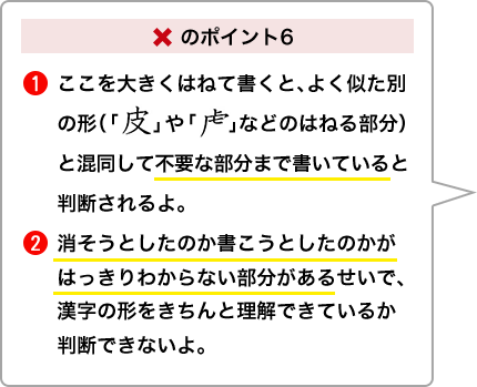 ×のポイント6 ①ここを大きくはねて書くと、よく似た別の形（「皮」や「とらかんむり」などのはねる部分）と混同して不要な部分まで書いていると判断されるよ。②消そうとしたのか書こうとしたのかがはっきりわからない部分があるせいで、漢字の形をきちんと理解できているか判断できないよ。