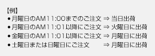 【例】：・月曜日のAM11:00までのご注文 → 当日出荷 ・月曜日のAM11:01以降にご注文 → 火曜日に出荷 ・金曜日のAM11:01以降にご注文 → 月曜日に出荷 ・土曜日または日曜日にご注文 → 月曜日に出荷