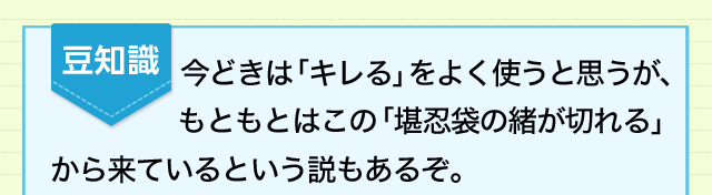 怒りを表現するいろいろな言い回し もうガマンできない カンニン袋のオが切れる 意味 読み 語源と変化 どれだけ知ってる 漢字の豆知識 日本漢字能力検定